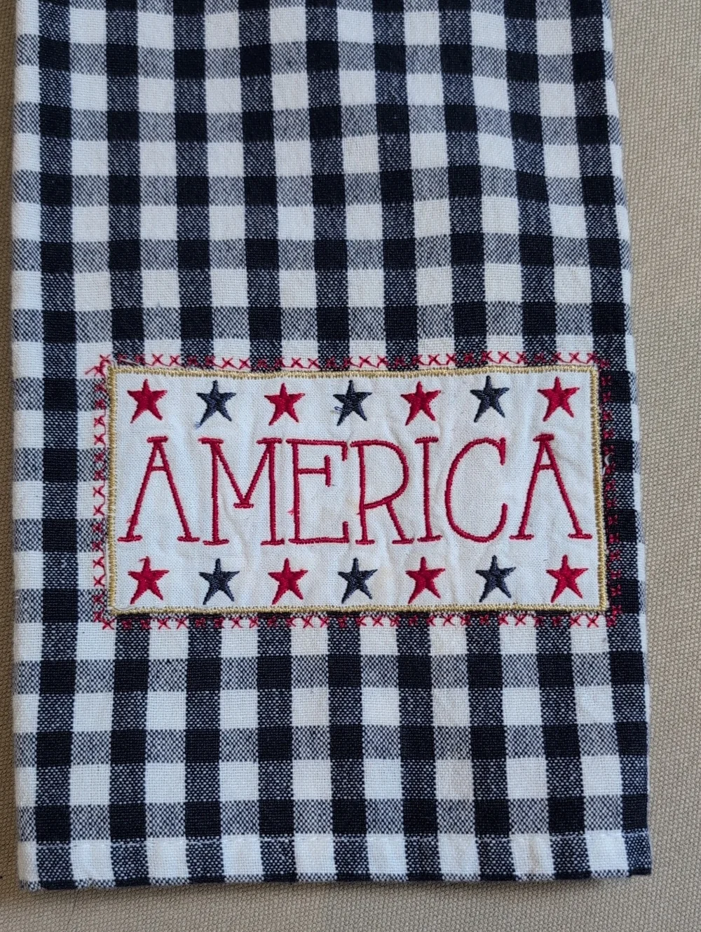 America Embroidered Navy & White Checkered Cotton Kitchen Towel Made In India